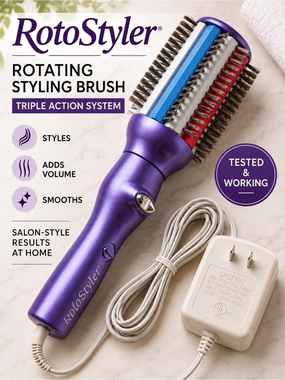 RotoStyler Rotating Hair Styling Brush Triple Action Vintage Purple